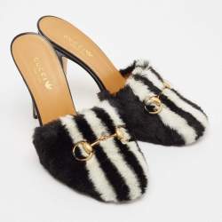 Gucci x Adidas Black/White Faux Fur Horsebit Mules Size 38.5