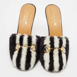 Gucci x Adidas Black/White Faux Fur Horsebit Mules Size 38.5
