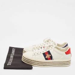 Gucci White Leather Bee Web New Ace Crystal Embellished Platform Sneakers Size 37