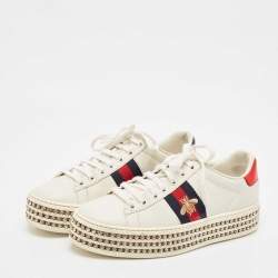 Gucci White Leather Bee Web New Ace Crystal Embellished Platform Sneakers Size 37