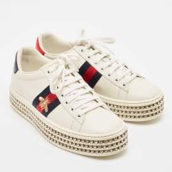 Gucci White Leather Bee Web New Ace Crystal Embellished Platform Sneakers Size 37