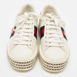 Gucci White Leather Bee Web New Ace Crystal Embellished Platform Sneakers Size 37