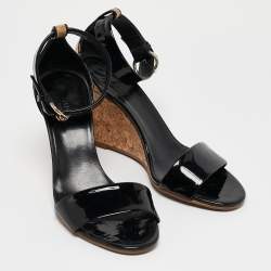 Pre Owned Gucci Black Patent Leather Cork Wedge Ankle Strap Sandals Size 35.5
