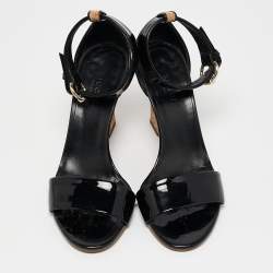 Pre Owned Gucci Black Patent Leather Cork Wedge Ankle Strap Sandals Size 35.5