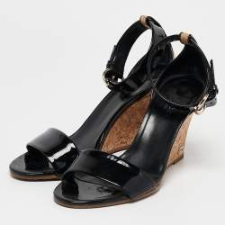 Pre Owned Gucci Black Patent Leather Cork Wedge Ankle Strap Sandals Size 35.5