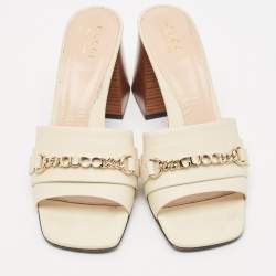 Gucci Cream Leather Chain Embellished Slide Sandals Size 40