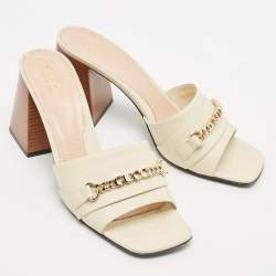 Gucci Cream Leather Chain Embellished Slide Sandals Size 40