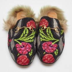 Gucci Multicolor Floral Brocade Fabric and Fur Lined Princetown Flat Mules Size 38