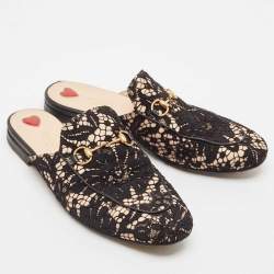 مملوكة مسبقًا Gucci Black/Pink Lace and Leather Princetown Mules Sandals Size 40