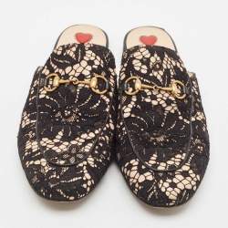 مملوكة مسبقًا Gucci Black/Pink Lace and Leather Princetown Mules Sandals Size 40