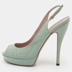 Gucci Green Patent Leather Peep-Toe Platform Slingback Pumps Size 39