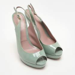 Gucci Green Patent Leather Peep-Toe Platform Slingback Pumps Size 39