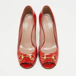 Gucci Red Patent Leather Jolene Peep Toe Pumps Size 39.5