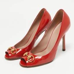 Gucci Red Patent Leather Jolene Peep Toe Pumps Size 39.5