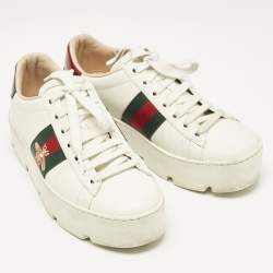 Gucci White Leather Bee Embroidered Ace Platform Sneakers Size 35