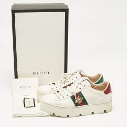 Gucci White Leather Bee Embroidered Ace Platform Sneakers Size 35