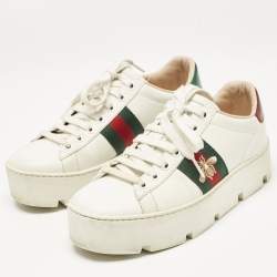 Gucci White Leather Bee Embroidered Ace Platform Sneakers Size 35