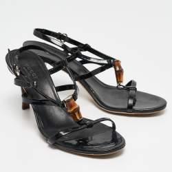 مملوكة مسبقًا Gucci Black Patent Leather Bamboo Ankle Strap Sandals Size 36