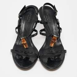 مملوكة مسبقًا Gucci Black Patent Leather Bamboo Ankle Strap Sandals Size 36