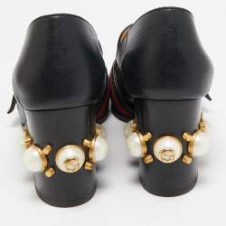 Pre Owned حذاء كعب عالي لوفرز غوتشي ويب GG مارمونت جلد أسود بكعب عريض مزين باللؤلؤ الصناعي مقاس 38.5