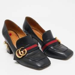 Pre Owned حذاء كعب عالي لوفرز غوتشي ويب GG مارمونت جلد أسود بكعب عريض مزين باللؤلؤ الصناعي مقاس 38.5