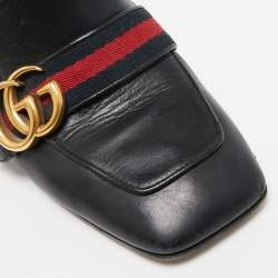 Pre Owned حذاء كعب عالي لوفرز غوتشي ويب GG مارمونت جلد أسود بكعب عريض مزين باللؤلؤ الصناعي مقاس 38.5