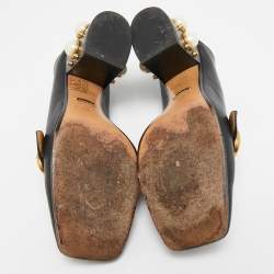 Pre Owned حذاء كعب عالي لوفرز غوتشي ويب GG مارمونت جلد أسود بكعب عريض مزين باللؤلؤ الصناعي مقاس 38.5