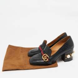 Pre Owned حذاء كعب عالي لوفرز غوتشي ويب GG مارمونت جلد أسود بكعب عريض مزين باللؤلؤ الصناعي مقاس 38.5