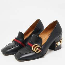 Pre Owned حذاء كعب عالي لوفرز غوتشي ويب GG مارمونت جلد أسود بكعب عريض مزين باللؤلؤ الصناعي مقاس 38.5