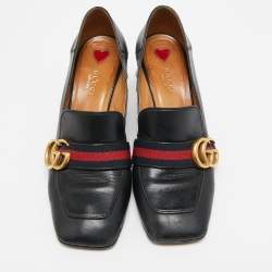 Pre Owned حذاء كعب عالي لوفرز غوتشي ويب GG مارمونت جلد أسود بكعب عريض مزين باللؤلؤ الصناعي مقاس 38.5