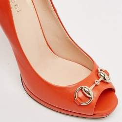 Gucci Orange Leather Jolene Horsebit Peep Toe Pumps Size 35.5
