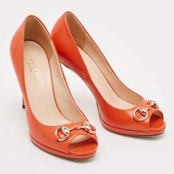 Gucci Orange Leather Jolene Horsebit Peep Toe Pumps Size 35.5