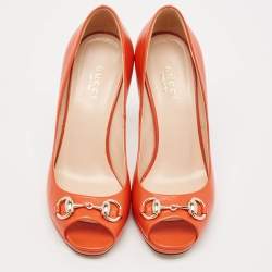 Gucci Orange Leather Jolene Horsebit Peep Toe Pumps Size 35.5