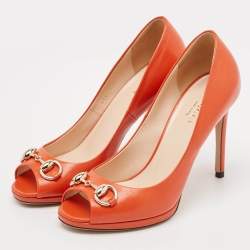 Gucci Orange Leather Jolene Horsebit Peep Toe Pumps Size 35.5