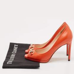 Gucci Orange Leather Jolene Horsebit Peep Toe Pumps Size 35.5