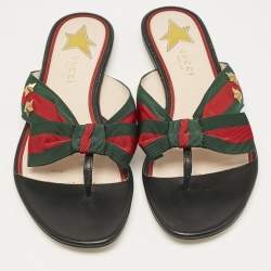Pre Owned Gucci Black Leather Cindi Web Bow Star Detail Flat Thong Sandals Size 38