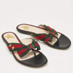 Pre Owned Gucci Black Leather Cindi Web Bow Star Detail Flat Thong Sandals Size 38