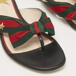 Pre Owned Gucci Black Leather Cindi Web Bow Star Detail Flat Thong Sandals Size 38
