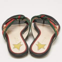 Pre Owned Gucci Black Leather Cindi Web Bow Star Detail Flat Thong Sandals Size 38
