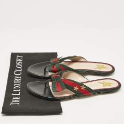 Pre Owned Gucci Black Leather Cindi Web Bow Star Detail Flat Thong Sandals Size 38