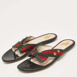 Pre Owned Gucci Black Leather Cindi Web Bow Star Detail Flat Thong Sandals Size 38
