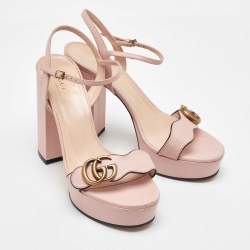 Gucci Blush Pink Leather GG Marmont Ankle Strap Platform Sandals Size 38.5