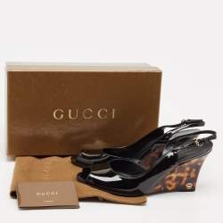 مملوكة مسبقًا Gucci Black Patent Leather Slingback Wedge Sandals Size 39