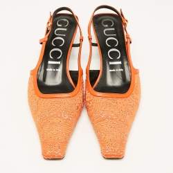 Gucci Orange Canvas and Leather Crystal Embellished Slingback Pumps Size 39