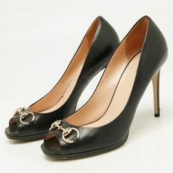Gucci Black Leather New Hollywood Horsebit Peep Toe Pumps Size 38.5