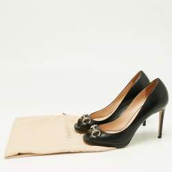 Gucci Black Leather New Hollywood Horsebit Peep Toe Pumps Size 38.5