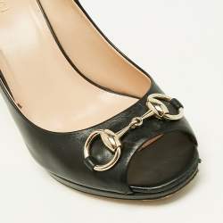 Gucci Black Leather New Hollywood Horsebit Peep Toe Pumps Size 38.5