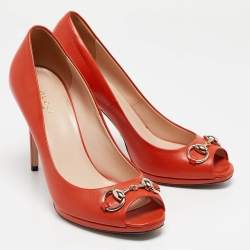 Gucci Orange Leather Horsebit Peep Toe Pumps Size 38.5