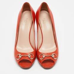 Gucci Orange Leather Horsebit Peep Toe Pumps Size 38.5