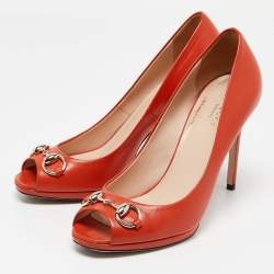 Gucci Orange Leather Horsebit Peep Toe Pumps Size 38.5